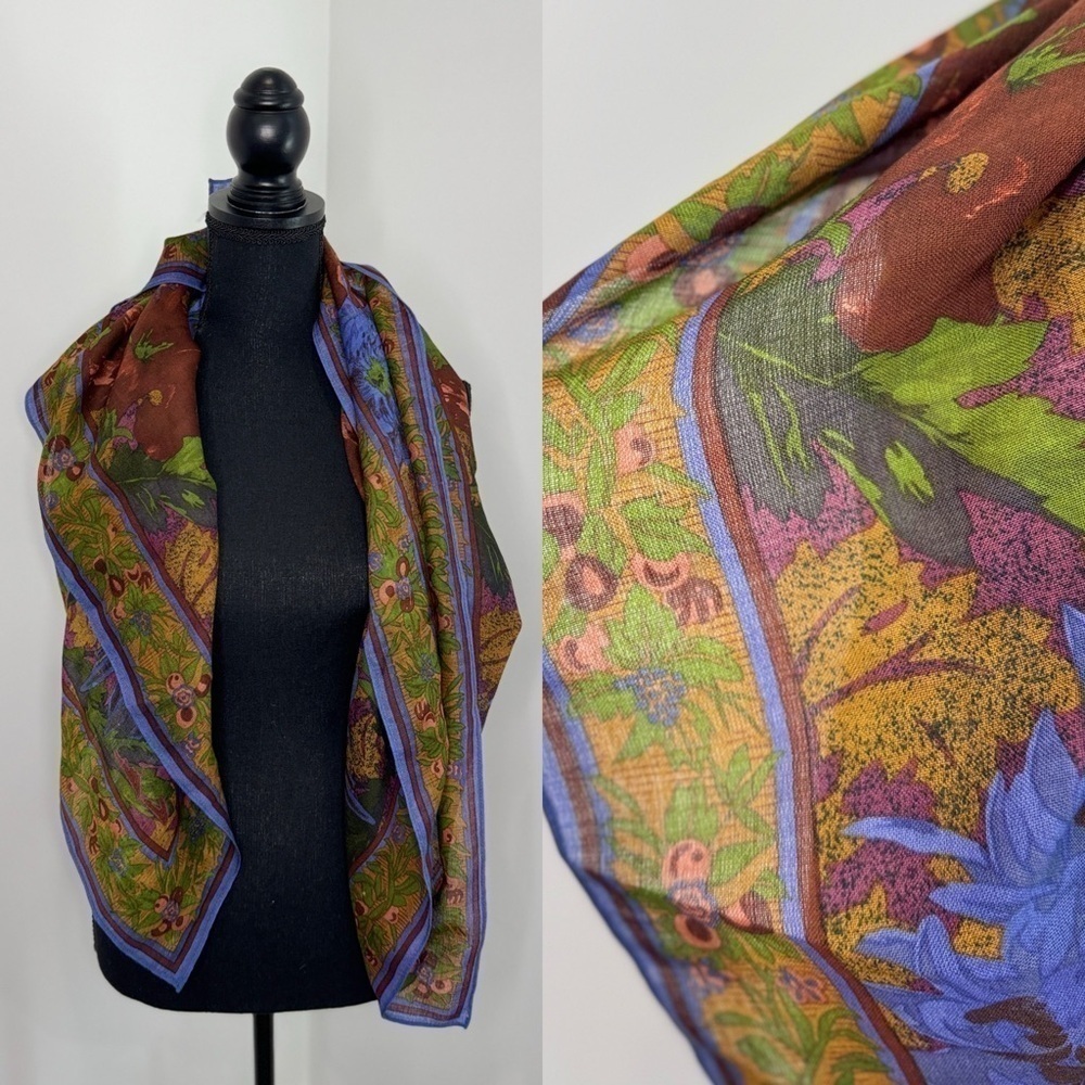 Floral Sheer Lightweight Brown and Blue Scarf